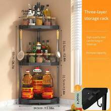 1pc Black Corner Shelf Rack, Stainless Steel Spice Rack, Wall Mount Triangle Storage Stand For Kitchen - Multicolor - View 9