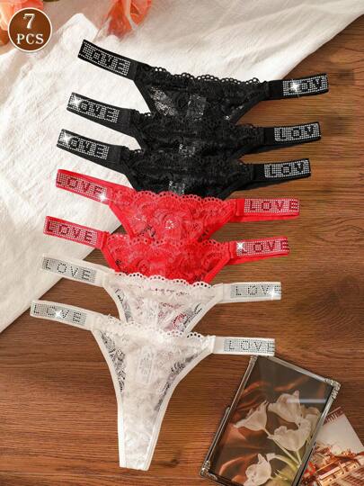 ROMWE Kawaii 7 st. sexiga underklädesset med spets, blommor och strass, bokstäver, inklusive trosa och stringtrosa, för alla hjärtans dag