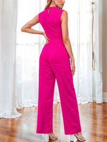 Mono de Cuello Redondo y Hombros Descubiertos, de Pierna Ancha y de Cintura Ajustable Casual para Mujer - Rosa Fucsia - Ver 4