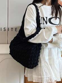 云朵与花卉印花单肩包，新款休闲斜挎包，适合女士/学生，简约帆布购物袋