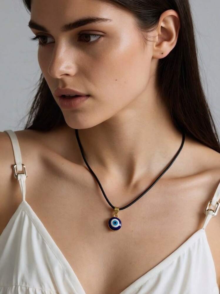 1 件时尚复古眼形吊坠项链 - 黑繩金邊 - 查看 1