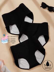 4pcs Plus Size Women's Black Period Panties, Leak-Proof Triangle Cotton Crotch Underwear, High Waist Menstrual Briefs - Black - View 4