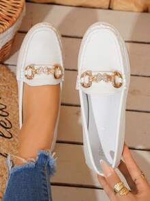 2025 Spring New Women's Fashion Gold Chain Elegant Slip-On Loafers, Lightweight & Comfortable, Versatile Rubber Flat Shoes - White - View 7