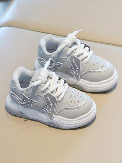 1 Pair Kids' PU Criss-Cross Lace-Up Non-Slip Round Toe Thick Sole Flat Soft Bottom Cute Sneakers, Unisex Casual Sports Shoes Suitable For All Seasons