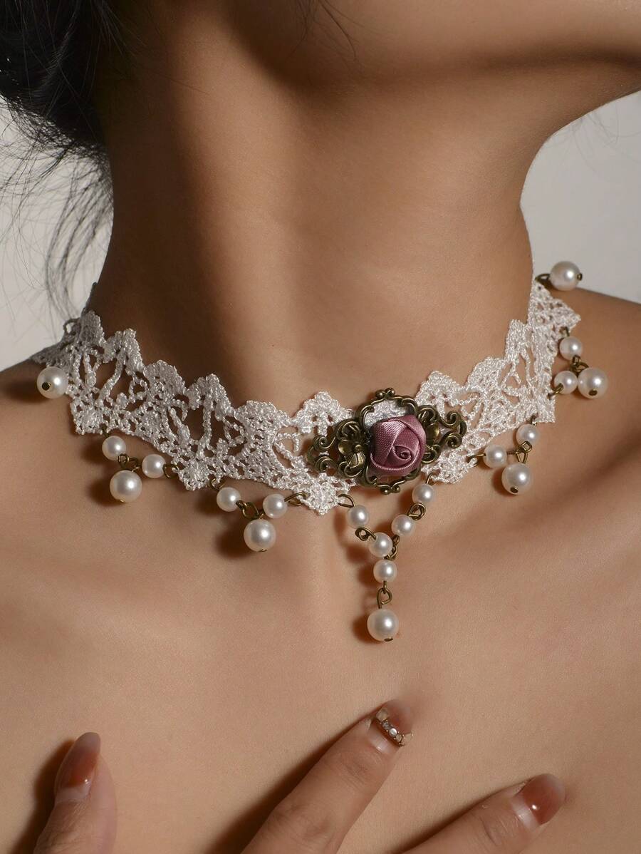 1 件白色蕾丝颈链，时尚高端新娘蕾丝颈链，女士短项链锁骨链 - 彩色 - 查看 1