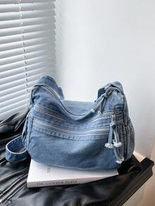 حقيبة كروس بودي كاجوال شيك ناعمة من الجينز متعددة الطبقات مع جيوب متعددة، حقيبة كتف نسائية كبيرة السعة متعددة الاستخدامات مناسبة للذهاب للعمل والتسوق والسفر