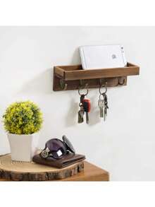 Key Holder For Wall, Wall Mounted Rustic Wood Floating Shelf Mail Organizer With 4 Metal Hooks, Farmhouse Wall Shelf Decor Key Rack Hanger For Entryway, Hallway, Bedroom, Office - 1 Pack - View 3