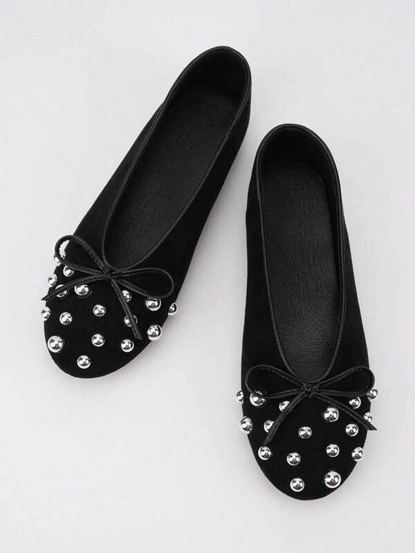 1 paire de mocassins plats femme à bout rond avec nœud décoratif, style élégant de vacances, rivets décoratifs, respirants pour le bureau et l'extérieur, style français