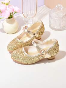 Children's Silver Crystal Shoes, Girls' High Heel Shoes For Performance, Princess, Student, Chorus, Host, Show, Leather Shoes - Gold - View 1