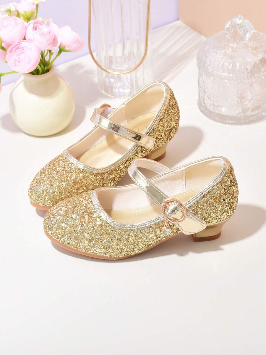 Children's Silver Crystal Shoes, Girls' High Heel Shoes For Performance, Princess, Student, Chorus, Host, Show, Leather Shoes - Gold - View 1