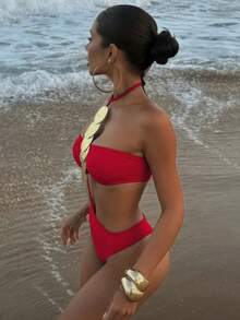 1pc Women's Sexy Halter Sequin Decor One-Piece Swimsuit