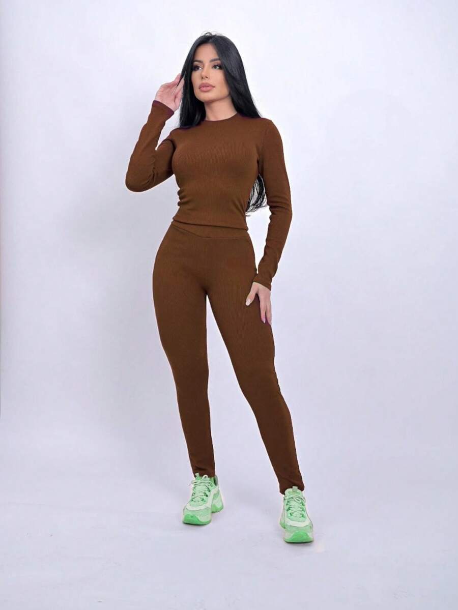 Leggings And Long Sleeve Top Set - 棕色 - 查看 1