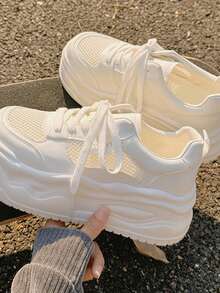 Sneakers For Summer, Casual, Thick-Soled Mesh Sneakers For Women, White, Breathable, Versatile, Lightweight, Comfortable, For Petite People, 2025 New Model - 米色 - 查看 2