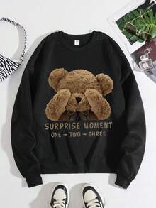 Tween Girl Casual Simple Cartoon Bear Pattern Slogan Print Round Neck Pullover Long Sleeve Sweater Autumn And Winter New Style - Black - View 4