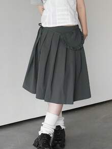 1 Set Vintage Floral Lace Tie Strap Mini Bag + Pleated Skirt, Solid Color, Korean Style Spring - Dark Grey - View 5