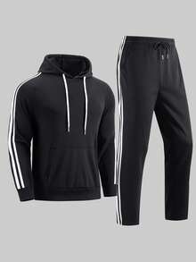 男士休闲连帽卫衣，舒适户外运动套装，秋季服装 - 黑色 - 查看 2