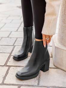 Women's Square Toe Ankle Boots - Zipper Design, Platform Sole, Comfortable And Stylish Autumn/Winter Style - Black - View 2