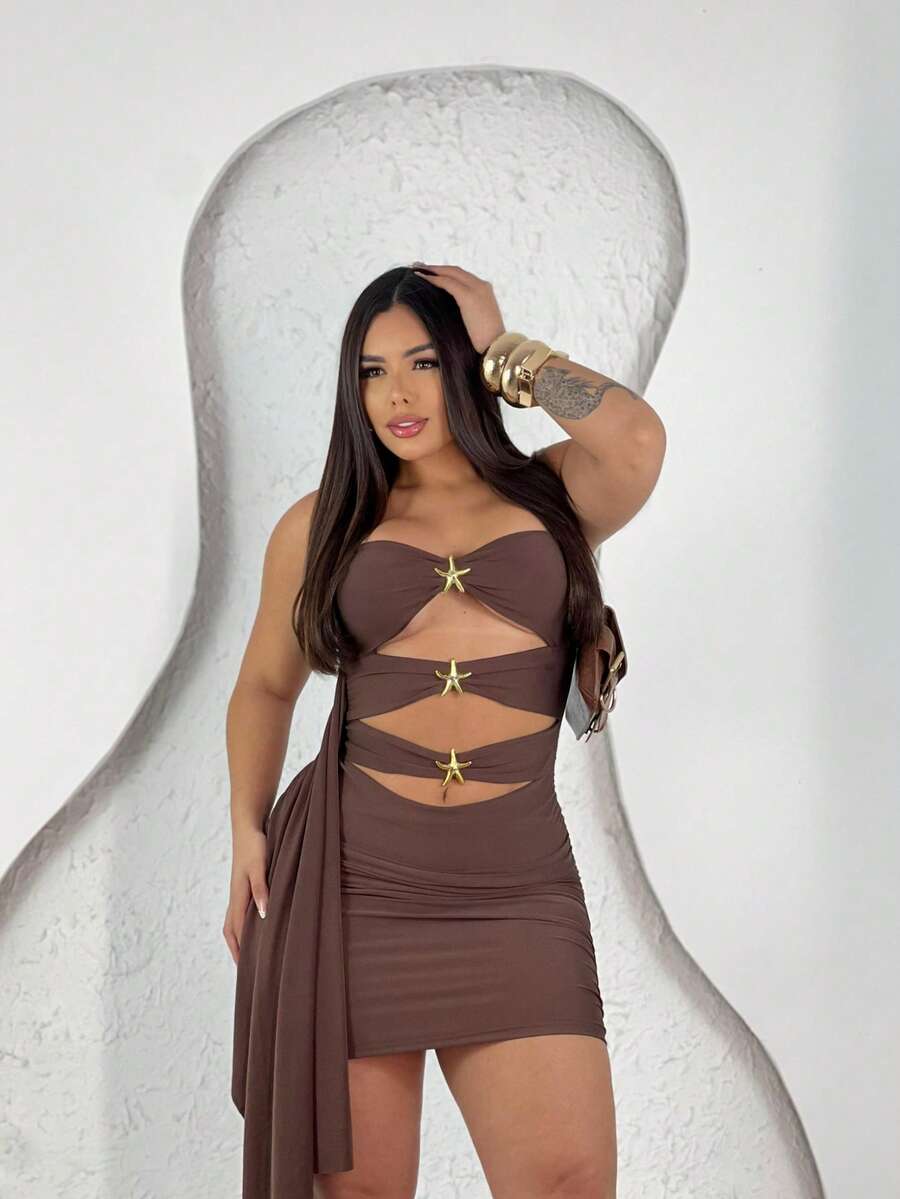 Short Star Dress, Tight-Fitting, Elegant Party Club Dress - 鏽棕色 - 查看 1