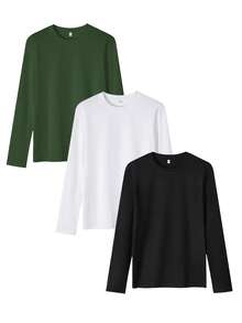 3 piezas Camisetas de manga larga de cuello redondo de unicolor para hombre, capas base versátiles para uso diario en primavera/otoño - Multicolor - Ver 2