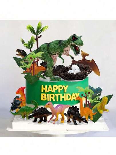 23件霸王龙主题生日蛋糕装饰，恐龙蛋叶仿真恐龙，恐龙主题生日派对蛋糕装饰帽，适合生日礼物派对蛋糕装饰，男士生日蛋糕装饰，恐龙主题派对桌面装饰摆件