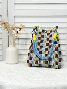1 Túi xách đan họa tiết hình học khối màu, Túi tote nhỏ có thể gấp gọn dành cho nữ, Khóa từ, Túi đi làm, Thích hợp làm túi du lịch đi biển ngày lễ, Túi mua sắm, Túi quà tặng - Nhiều màu - Xem 17