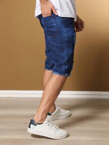 Men's Ripped Bermuda Jeans Destroyed Twill - 深色水洗藍 - 查看 5