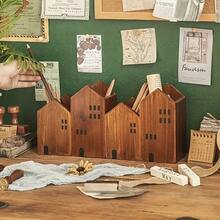 2pc Small House Shape Pen Holder Storage Box - Wooden Retro Desktop Decoration For Art Supplies/Brushes/Office Items - Multi-Use Makeup Brush & Stationery Organizer - Kawaii School Essentials, Back To School Must-Have, Creative Workspace Decor, Vintage Pencil Case Alternative, Dorm Room Desktop Cutie