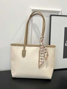 Large Capacity Minimalist Vintage-Style Handbag In Solid PU Leather With Matching Scarf, Versatile And Elegant Women's Bag, Fashionable Bag With Bow, Eye-Catching Handbag - 白色 - 查看 2