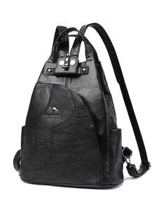 高品质真皮女士背包，大容量书包，适合少女，防盗旅行单肩包 - 黑色 - 查看 4