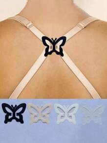 4 件蝴蝶形韩国隐形胸罩肩带夹，防滑交叉胸罩肩带扣，隐形胸罩挂钩万圣节配饰教师节 - 米色 - 查看 1