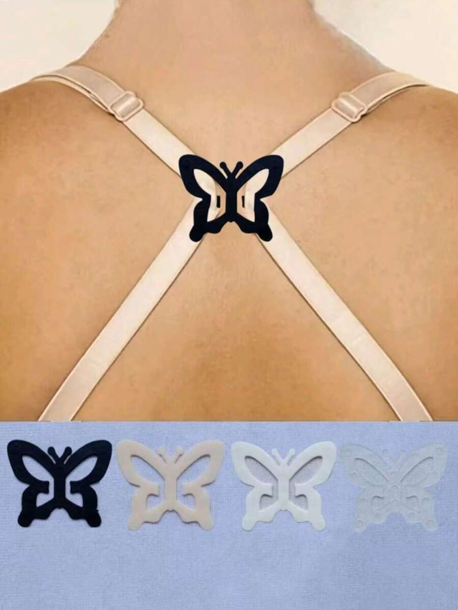 4 件蝴蝶形韩国隐形胸罩肩带夹，防滑交叉胸罩肩带扣，隐形胸罩挂钩万圣节配饰教师节 - 米色 - 查看 1
