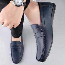 男士奢华真皮便士乐福鞋，休闲编织款一脚蹬平底鞋，配有松紧带，适合春秋季日常穿着、婚礼、派对、办公室、商务场合。 - 藍色 - 查看 12