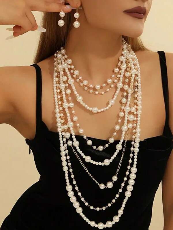 1 set Style bohème Multi-couches Faux perle Long pull Chaîne collier & boucles d'oreilles Ensemble de bijoux, Ensemble de bijoux en perles pour femmes, Convient pour les rendez-vous, les mariages, les fêtes