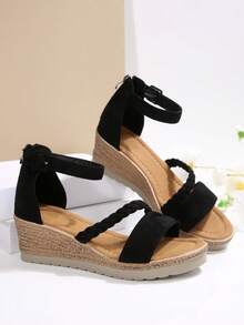 大码女士坡跟凉鞋，2025夏季新款时尚仙女风纯色度假波西米亚风高跟鞋，旅行必备 - 黑色 - 查看 6