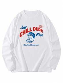 女士宽松卡通印花长袖棉质T恤，百搭春秋装 - 白色 - 查看 4