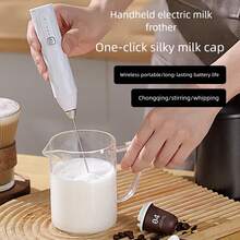 Espumador de leche, espumador de leche portátil y potente, mini espumador de leche, agitador de café, batidor de bebidas de acero inoxidable para café, lattes, capuchinos, matcha, chocolate caliente, fabricante de espuma portátil, batidora eléctrica inalámbrica mini cafetera