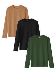 3pcs/Set Men's Solid Color Casual Crew Neck Long Sleeve T-Shirts, Autumn