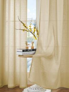 2pcs/Set White Thickened Linen Sheer Curtain Set With Hooks, Lightweight Solid Color Breathable Sheer Curtains For Bedroom, Living Room, Dining Room, Office Home Decor, Rod Pocket Design - Light Yellow - View 4