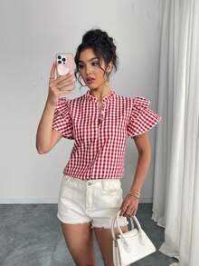 Polyester Plaid Ruffle/Frill Button Leisure Picnic Style Casual Shirt Blouse, Suitable For Daily, Tea Party, Brunch In Summer - Red - View 4