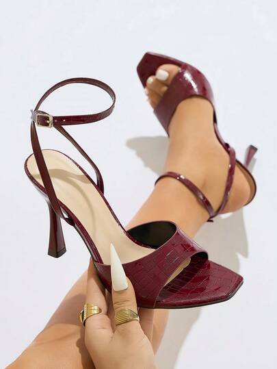 Women's High Heel Sandals, Suitable For Spring/Summer, Nightclub, Party, Outdoor, Fashion, Celebrity, High-End Banquet. Featuring Mirror Craftsmanship, Stiletto Heel, Square Toe, Party, Vacation, Luxurious, Sexy PU Leather, Criss-Cross Thin Bare Strap, Buckle, Shiny Ripple Stone Texture, Comfortable Material, Sexy Bare Strap, Elegant, Noble, Wine Red Color, Elegant High Heel Sandals
