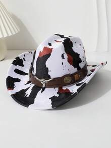 1 pieza Sombrero retro de mujer con decoración de piel de vaca y estampado de leopardo, sombrero de jazz europeo y americano, sombrero de vaquero occidental, adecuado para uso diario, actividades al aire libre, todas las estaciones, gorra de moda, vacaciones, viajes - sombrero de copa - Ver 3