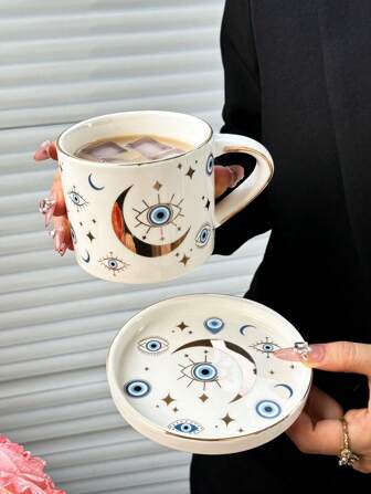 1pc Devil's Eye Coffee Cup & Saucer, Ceramic Material, Nordic Luxury Gold Plated Pattern, Fashionable, Creative Office Water Cup/Home Breakfast Milk Cup, Arabic Coffee Cup, Gift, Party Favor