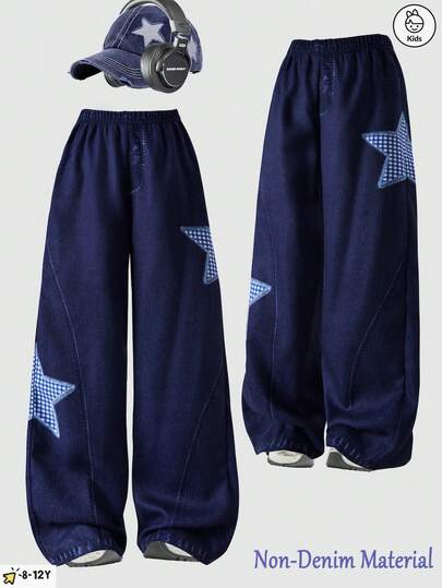 Fashionable And Sweet Girls' Simple Five Pointed Star Pattern Wide Leg Pants, Imitation Denim Fabric Casual Pants, Suitable For Outdoor Wear In Spring And Autumn, Parties, Campus, And Girls' Daily Wear