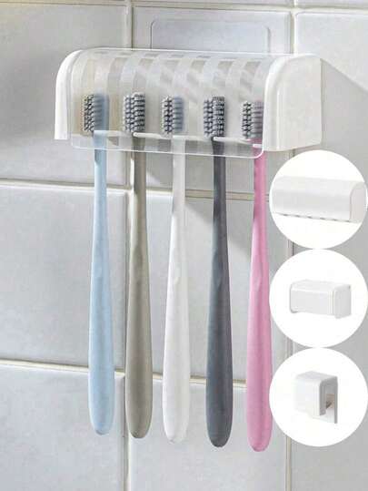 1pc No Drill Wall Mounted Toothbrush Holder With Cover, Electric Toothbrush Organizer, Toothpaste Rack, 2/5/6 Slots Self-Adhesive Toothbrush Holder, Bathroom Storage Accessories (White), Home Decor, Back To School Season