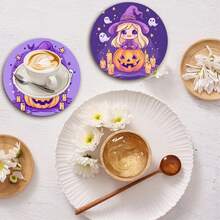 1set/500sets 4pcs/Set Halloween Ghost, Witch Hat, Skeleton, Spider Web, Zombie, Bat, Bare Branch, Tombstone Coasters, Polyester Rubber Coaster Set, Suitable For Bars, Offices, Homes, All Occasions, Size: 3.94 X 3.94 Inches