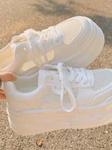 Sneakers For Summer, Casual, Thick-Soled Mesh Sneakers For Women, White, Breathable, Versatile, Lightweight, Comfortable, For Petite People, 2025 New Model - 米色 - 查看 4