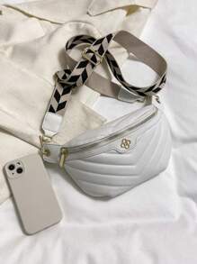 条纹缝线 PU 软皮单肩包，宽肩带斜挎胸包 - 白色 - 查看 5