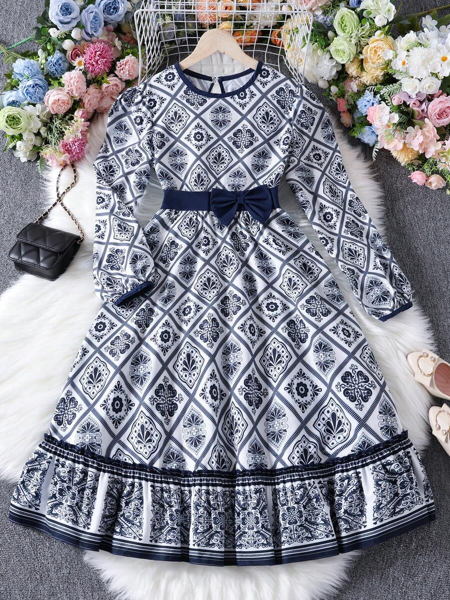 Tween Mädchen Kleid mit langen Ärmeln, Taille-Kordel & Schleife, Retro-Muster, geeignet für Frühling & Herbst