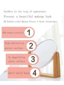 Espejo de maquillaje con base de bambú natural, aumento de 1x/3x, espejo de aumento giratorio de doble cara a 360 grados, decoración de tocador, oficina, habitación, regalo de belleza, maquillaje, barato, decoración de habitación, tocador, viaje, dormitorio, accesorios de maquillaje, espejo, espejo de tocador, mini espejo, espejo compacto, espejo pequeño, espejo de mano