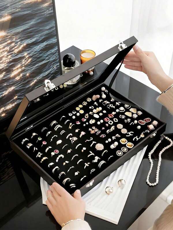 1 caixa para joias com 100 anéis, caixa de armazenamento de anéis com tampa transparente à prova de poeira, caixa de exibição de anéis de mesa, caixa de joias com tampa de vidro transparente, caixa de armazenamento para exibição de colares, caixa de exibição de joias para penteadeira, caixa de armazenamento de joias multifuncional, caixa de armazenamento multiuso para colares, brincos, pulseiras, anéis, etc.